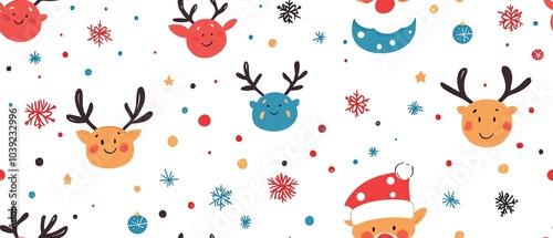 Playful Christmas ornaments seamless pattern, cartoon reindeer and Santa faces on white background