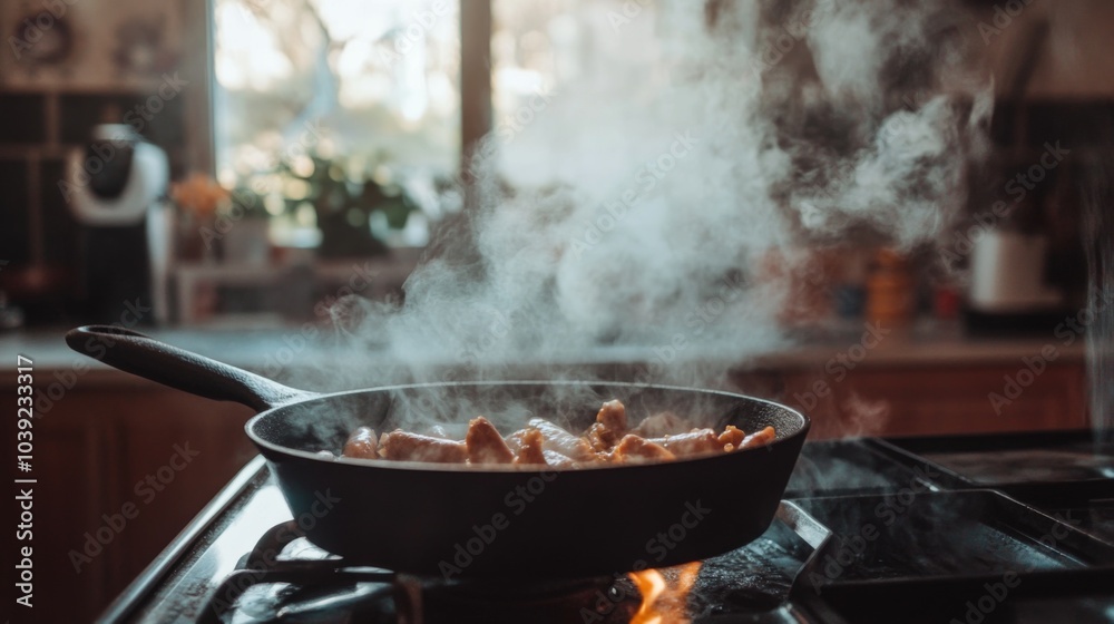 Cooking in a Kitchen with Steam and Food in Pan Cooking in a Kitchen with Steam and Food in Pan