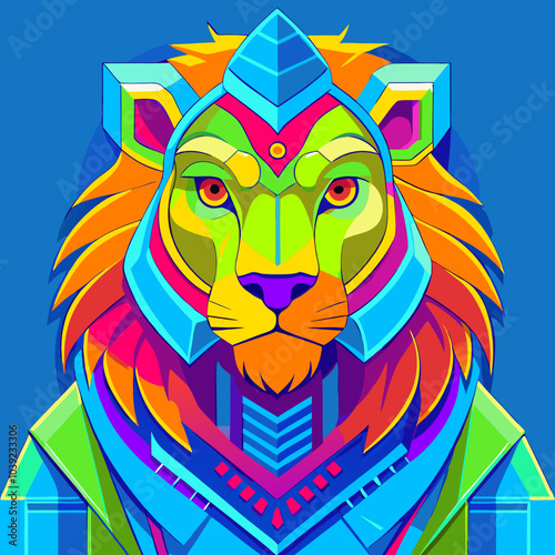 Lion, the head of a lion in a multi-colored flame. Abstract multicolored profile portrait of a lion head on a black background. photo