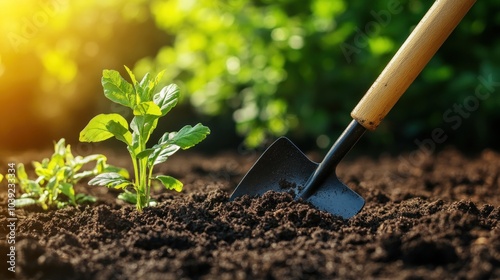 A garden scene featuring a shovel and a young plant in rich soil, symbolizing growth.