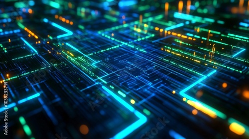 Abstract futuristic neon circuit board with glowing lines and digital data.