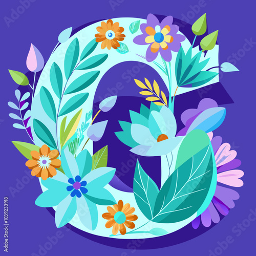 capital letter G decorated with blue yellow and orange flowers on a white background
