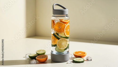 Water Bottle with Infuser – A transparent water bottle with sliced fruit inside, representing hydration and detoxification illustration for health and wellness
