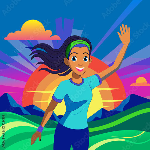 
a sunset with pink and orange skies and clouds. An 18 year old girl skates. She vigorously waves her right hand towards the viewer with a happy expression.