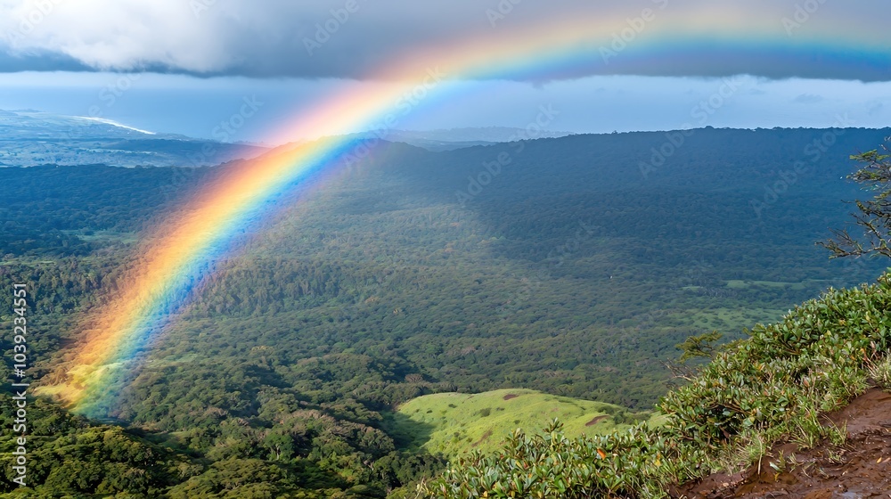 An aerial view of a vibrant rainbow arching over a lush, green valley following a rain shower. The bright colors contrast beautifully with the deep blues and greens of the landscape, showcasing the An aerial view of a vibrant rainbow arching over a lush, green valley following a rain shower. The bright colors contrast beautifully with the deep blues and greens of the landscape, showcasing the