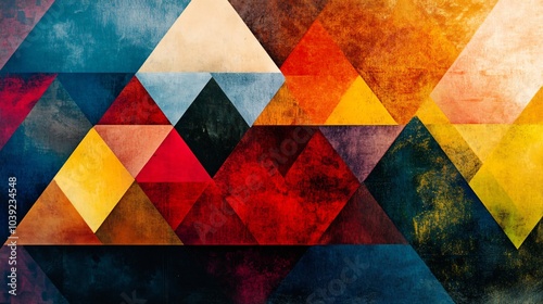 Abstract Geometric Pattern with Red, Yellow, and Blue Triangles.