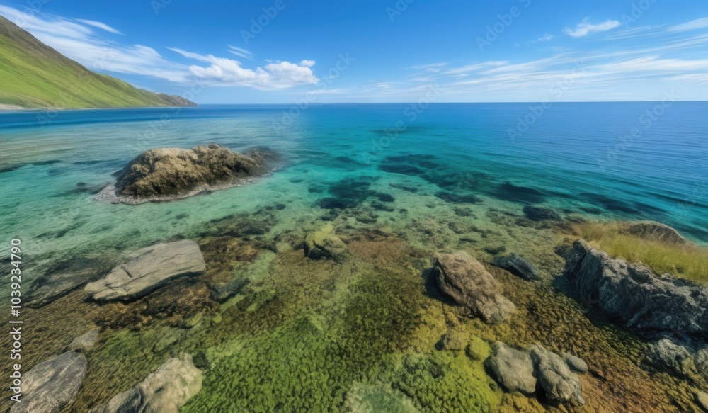 Fototapeta premium arafed view of a rocky beach with a body of water
