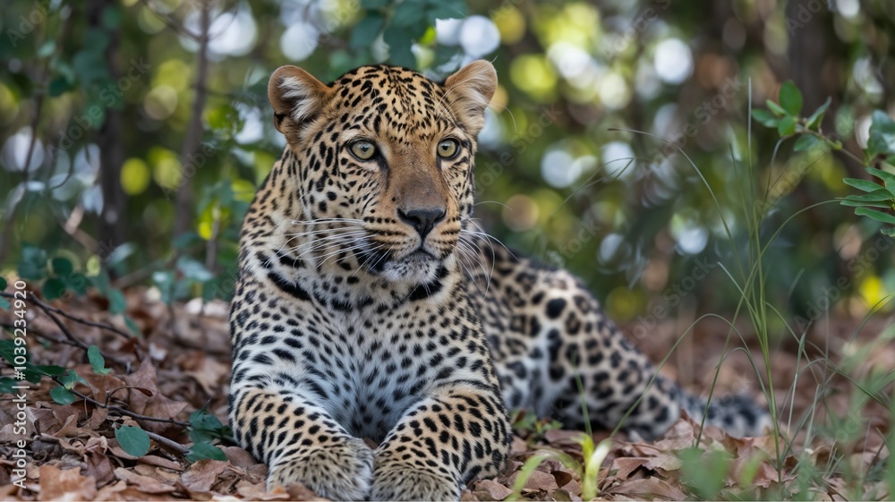 Majestic leopard resting alertly in lush foliage Majestic leopard resting alertly in lush foliage