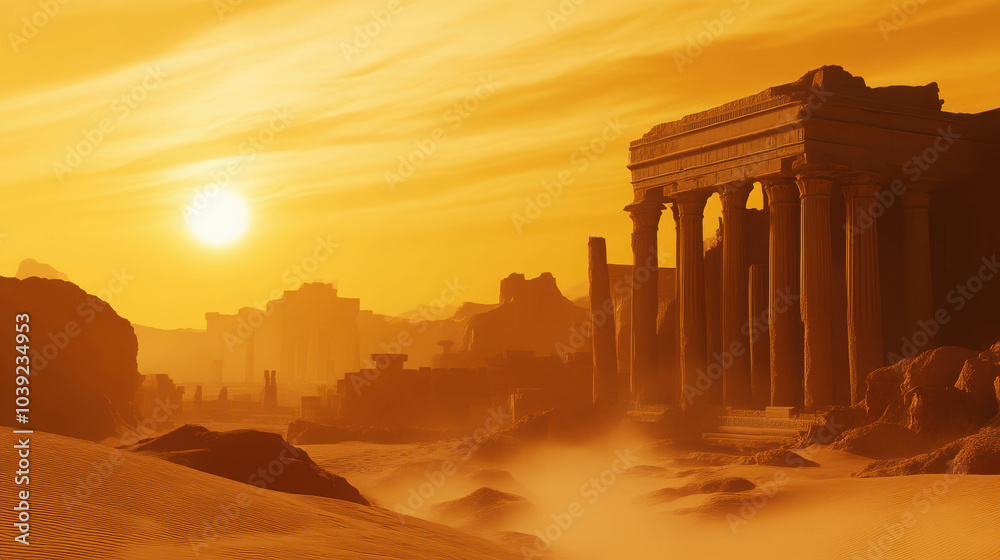 Obraz premium Desert Sunset Ruins:Ancient temple at sunset in the desert. Golden hour light bathes the scene in warmth and mystery.