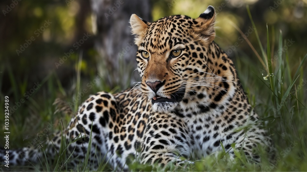 Fototapeta premium Leopard lounging gracefully in natural grassland habitat