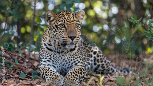 Majestic leopard resting alertly in lush foliage