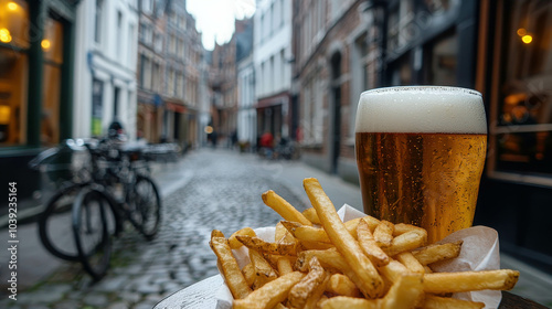 Belgian Delights: A tall glass of golden beer sits alongside a steaming pile of crispy fries, creating a classic and satisfying image of a Belgian culinary experience. photo