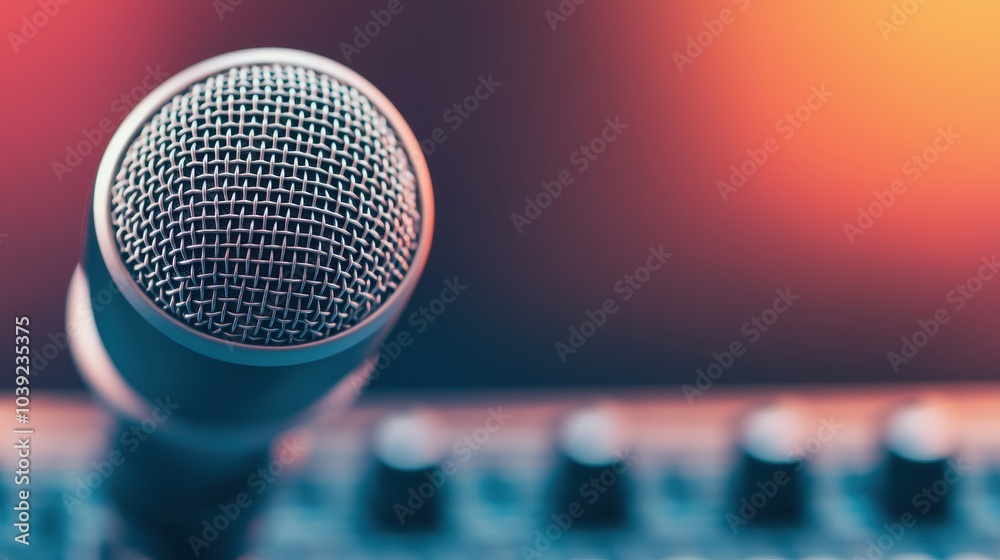 Close-up of microphone, vibrant background, ideal for audio-related themes. Close-up of microphone, vibrant background, ideal for audio-related themes.