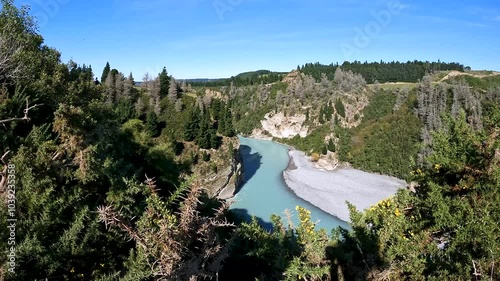 Stunning Southern Alps and Turquoise Waters of Rakaia River, Offering Picturesque Views of Rakaia Gorge in Canterbury, New Zealand photo