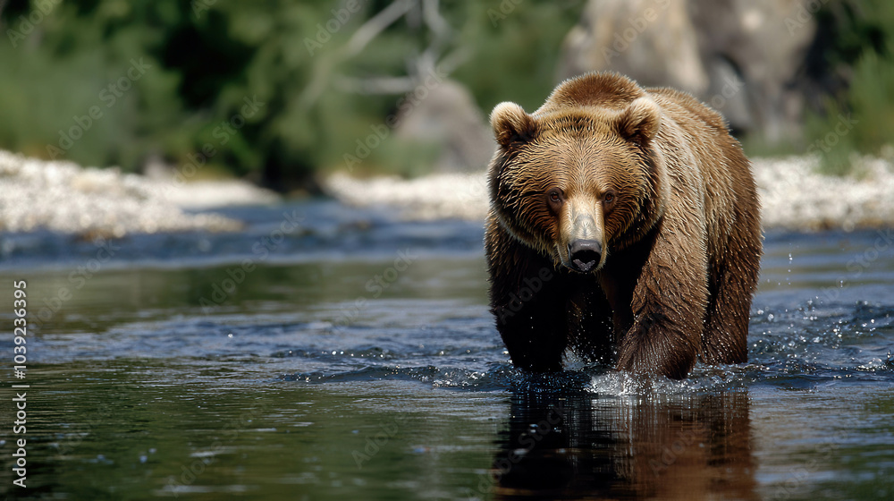 Majestic Brown Bear in River: A powerful brown bear strides through a shallow river, its gaze intense and captivating. Majestic Brown Bear in River: A powerful brown bear strides through a shallow river, its gaze intense and captivating.