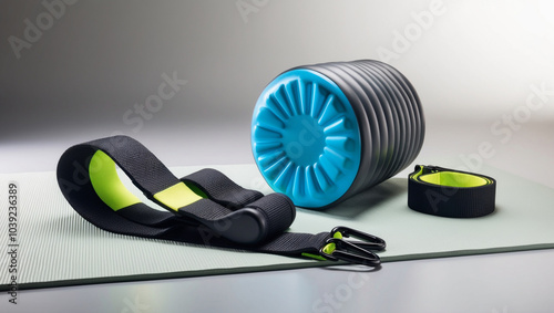 Foam Roller – A foam roller beside a stretching strap, representing muscle recovery and flexibility exercises illustration for health and wellness photo