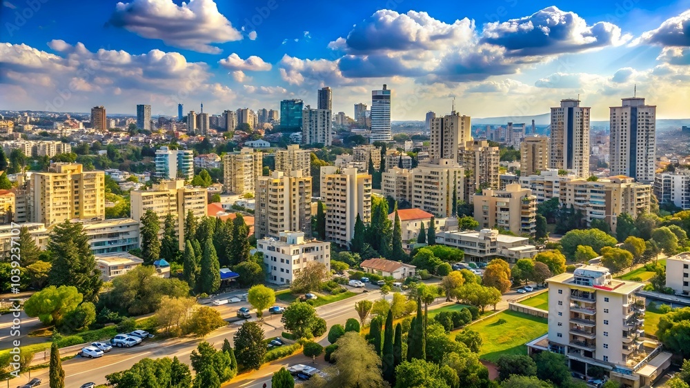 Naklejka premium Aerial perspective of Tel Aviv, Israel, featuring its bustling urban landscape and stunning Mediterranean coastline.