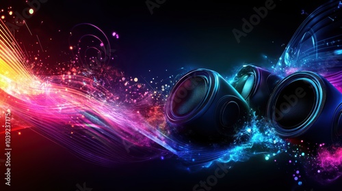 Colorful abstract design featuring speakers and sound waves.