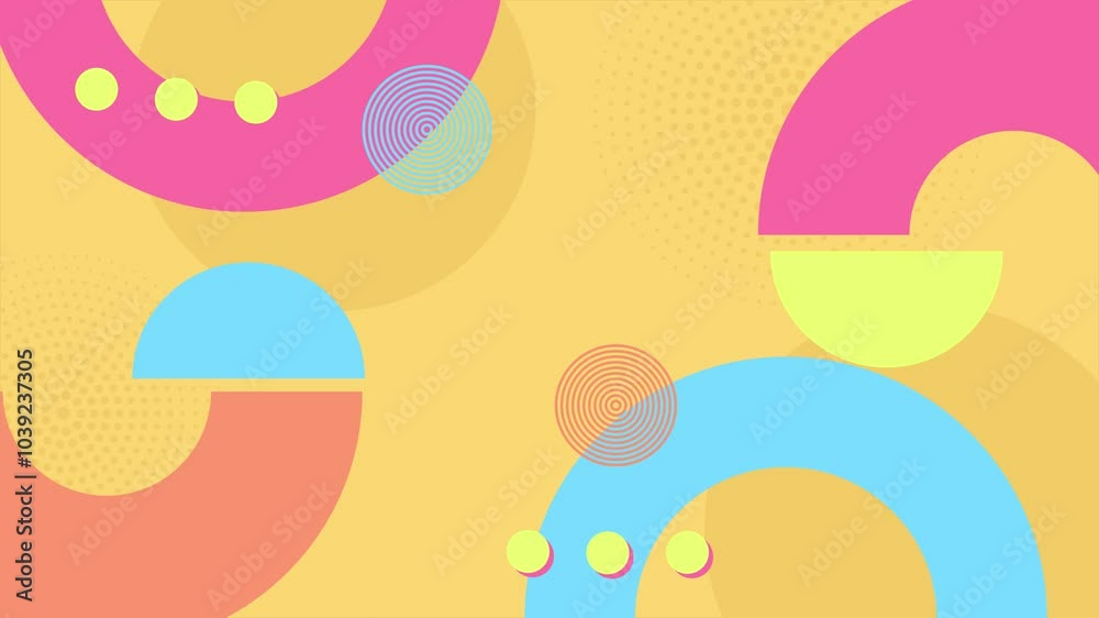 A vibrant animation featuring abstract geometric shapes with circles and halves in bright colors like pink yellow and blue on a dynamic background seamless 4k video background motion pop art design A vibrant animation featuring abstract geometric shapes with circles and halves in bright colors like pink yellow and blue on a dynamic background seamless 4k video background motion pop art design