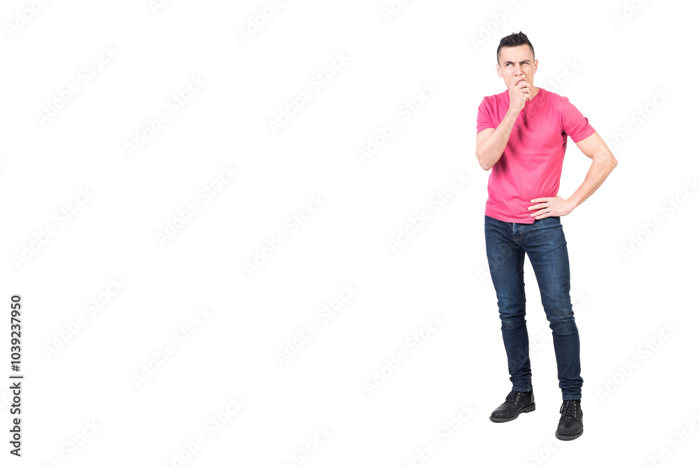 Thoughtful and doubting man with hand at chin Thoughtful and doubting man with hand at chin