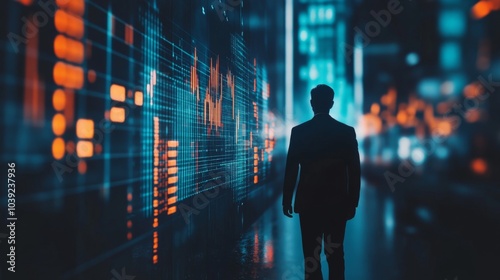 Businessman Walking in Urban Financial Data Visualization