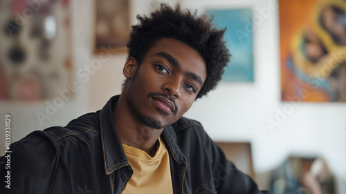 A handsome young African American artist in an art gallery. He's wearing a black jacket and a yellow t-shirt.