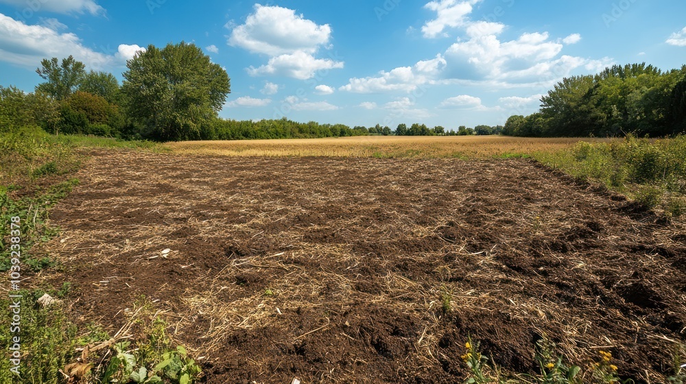 Obraz premium A no-till agricultural field covered in mulch and organic matter, reducing soil disturbance while retaining moisture, surrounded by wildlife benefiting from the healthy ecosystem