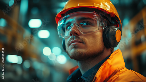 Focused Worker in Safety Gear at Warehouse Facility.