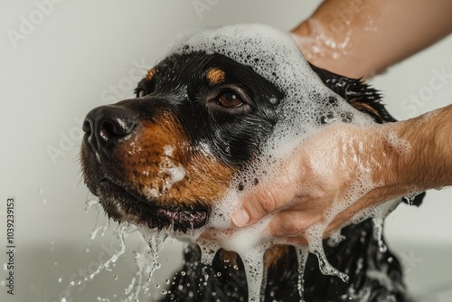 A person giving their dog a Rottweiler bathtub wash with water and shampoo foam in their hands, holding onto its head while it is being washed