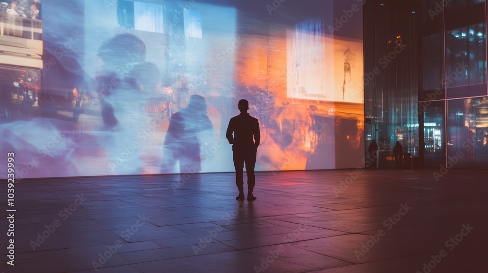 A powerful performance art piece in an urban square where a solo artist interacts with projected visuals and soundscapes, expressing a story through slow, deliberate movements. A powerful performance art piece in an urban square where a solo artist interacts with projected visuals and soundscapes, expressing a story through slow, deliberate movements.