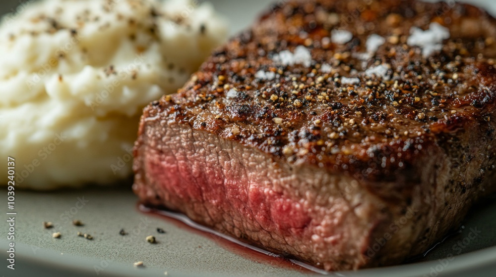Juicy Steak with Creamy Mashed Potatoes on Plate Juicy Steak with Creamy Mashed Potatoes on Plate