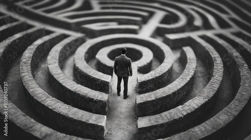 A man stands at the entrance of a complex maze, symbolizing challenges and decision-making.