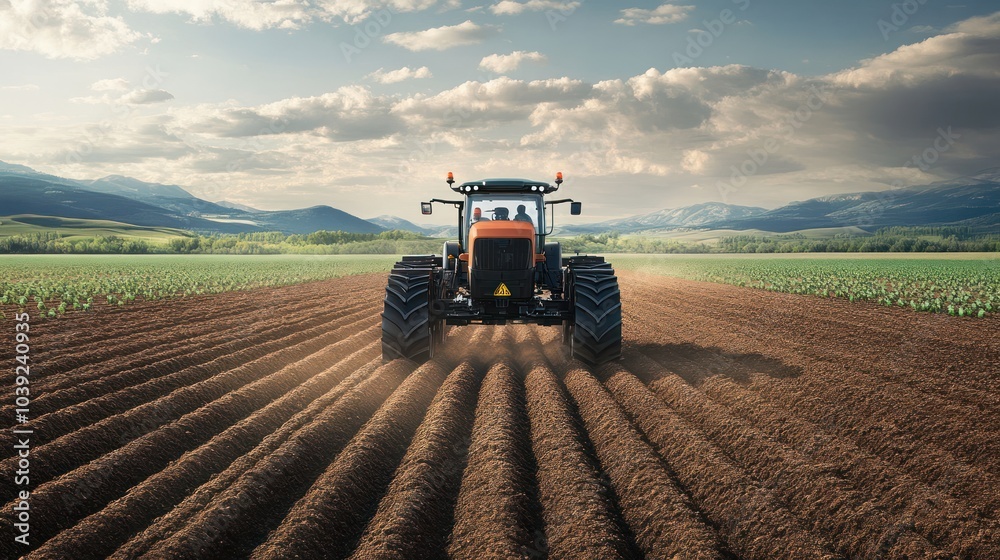 Fototapeta premium A robotic tractor autonomously plowing and planting in a large field, guided by satellite and sensor technology to ensure precise and efficient farming operations