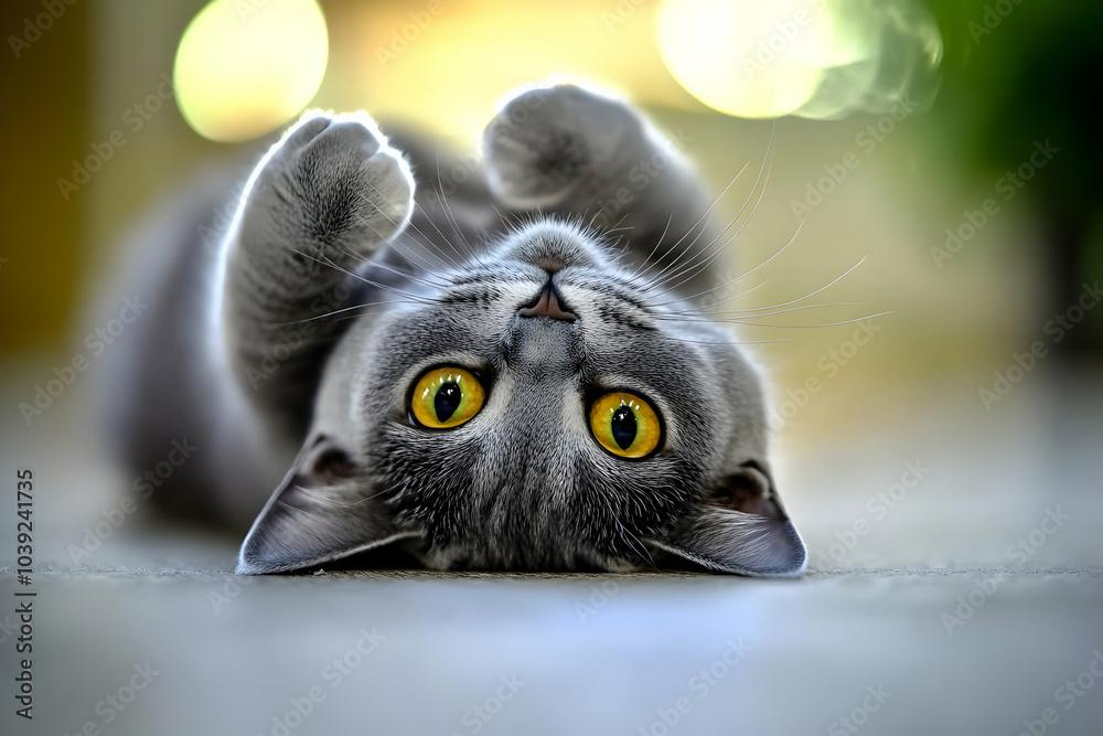 Fototapeta premium Cute Images - A playful gray cat lying on its back, showcasing its vibrant yellow eyes.