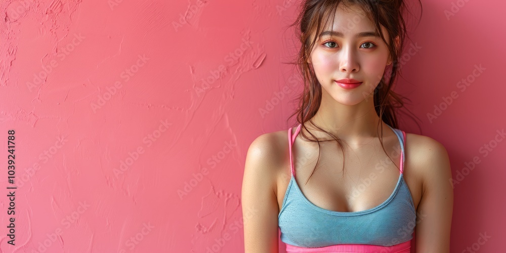 Obraz premium Portrait of Young Woman with Long Brown Hair Against a Pink Wall