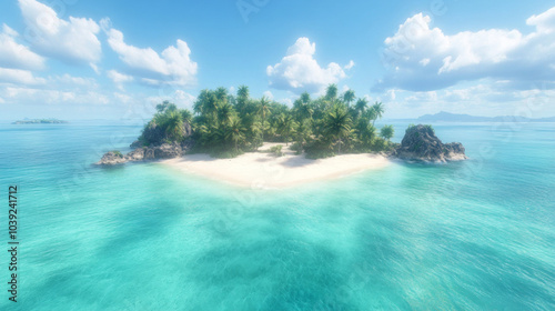 A small, tropical island with palm trees and a white sand beach.