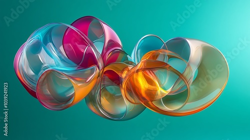 A dynamic abstract object with curved, overlapping transparent shapes in vibrant colors on a teal background photo