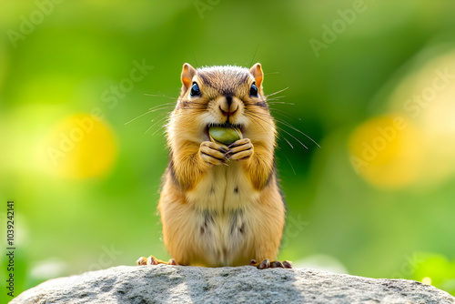 Cute Images - A close-up of a chipmunk holding food, set against a blurred green background.