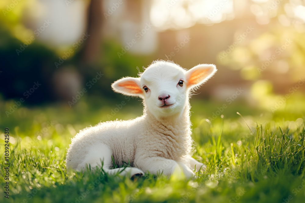 Obraz premium Cute Images - A cute lamb lounging in a sunlit grassy field, showcasing innocence and nature's beauty.