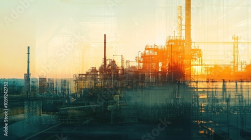 Industrial landscape at sunset with layered reflections and vibrant colors.