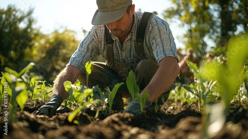 A seed-saving farmer planting heritage seeds in rich, organic soil, ensuring the survival of ancient crop varieties that support genetic diversity in agriculture photo