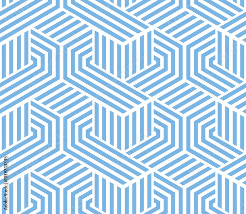Abstract geometric pattern with stripes, lines. Seamless vector background. White and blue ornament. Simple lattice graphic design