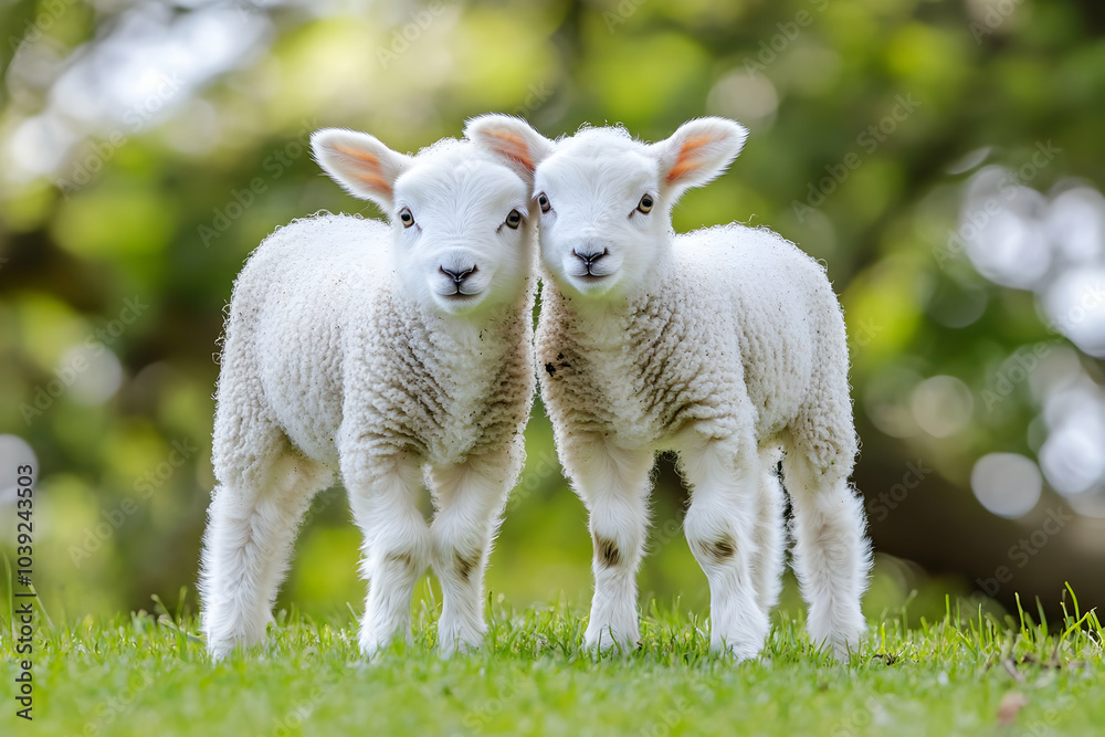 Obraz premium Cute Images - Two adorable lambs standing together on green grass with a blurred background.