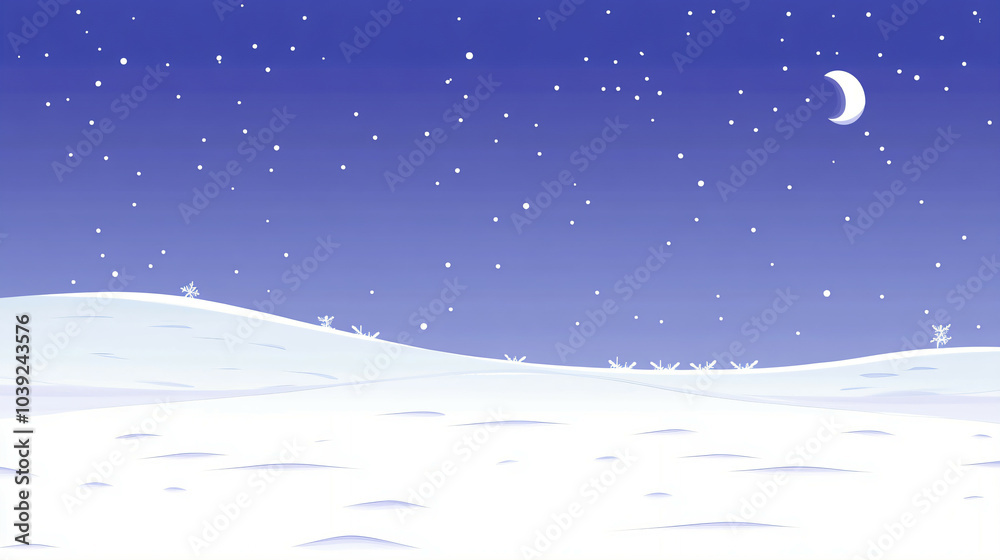 Snowy Night Landscape with Crescent Moon Illustration. Snowy Night Landscape with Crescent Moon Illustration.