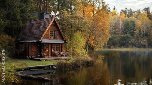 A serene off-the-grid cottage by a remote countryside lake, with a small windmill and a wood-burning stove, the ultimate escape from modern life, surrounded by untouched nature.