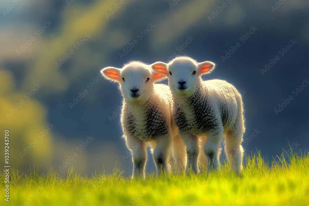 Fototapeta premium Cute Images - Two adorable lambs stand together in a lush green field, basking in soft sunlight.