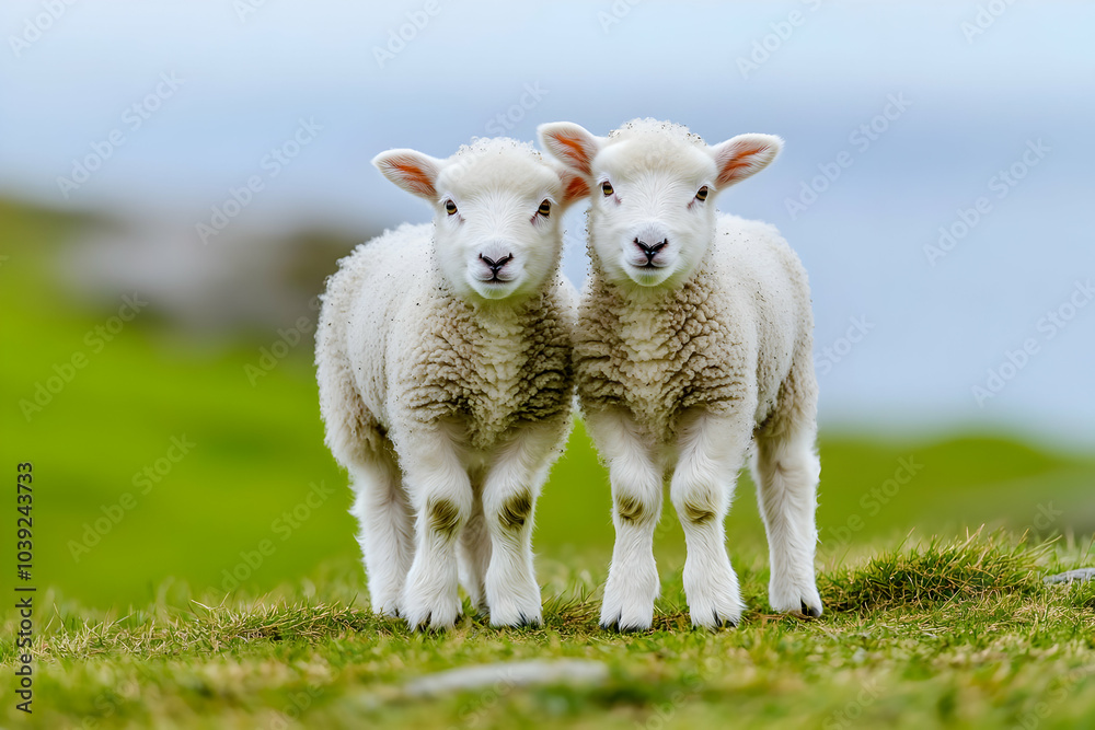 Obraz premium Cute Images - Two adorable lambs standing together on a grassy field with a soft background.