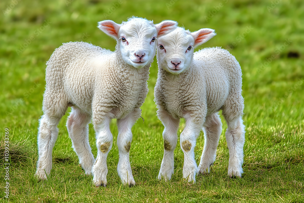 Cute Images - Two fluffy lambs standing together on green grass. Cute Images - Two fluffy lambs standing together on green grass.