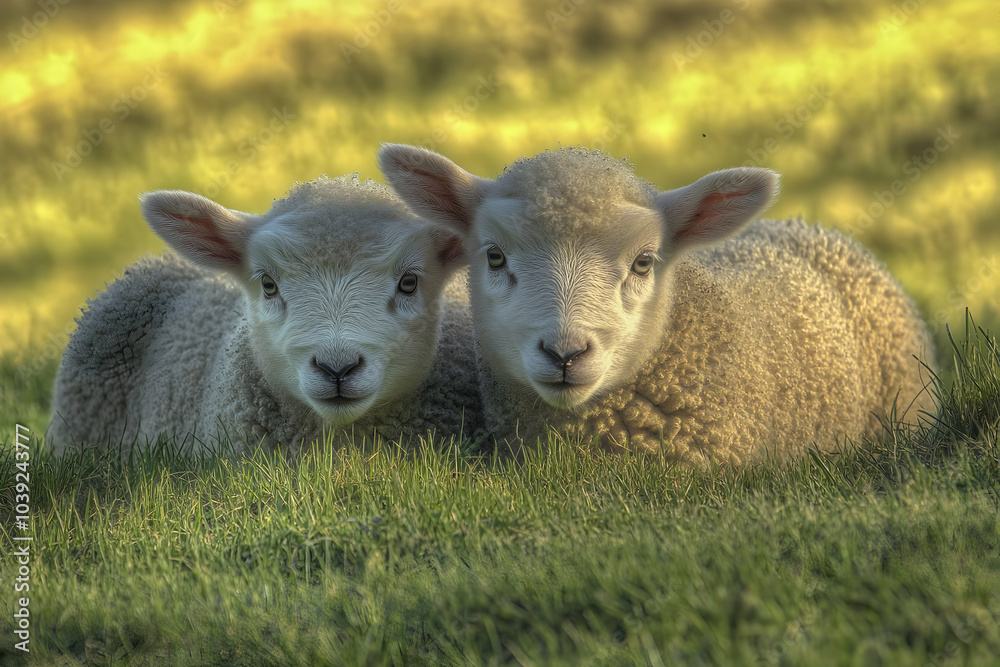 Cute Images - Two young lambs resting in a grassy field, showcasing their soft wool and gentle expressions. Cute Images - Two young lambs resting in a grassy field, showcasing their soft wool and gentle expressions.