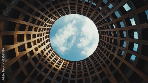 View of a circular wooden structure with a sky opening above.